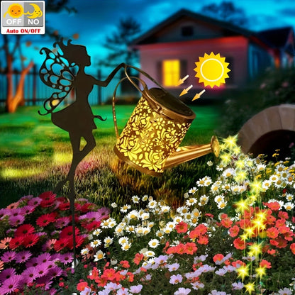 Solar Garden Light Watering Can Stake with 36 LED Waterfall Strands, IP65 Rating and Two Light Options