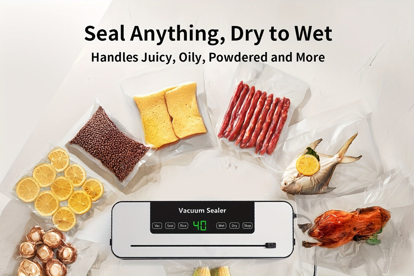Countertop Vacuum Food Sealer with 65kPa Marking, Integrated Bag Cutter, Hose Port and 10 Bags