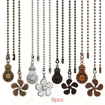 Eight-Piece Ceiling Fan Pull Chain Extension Set with Leaf and Bulb Pendants in Five Finish Options