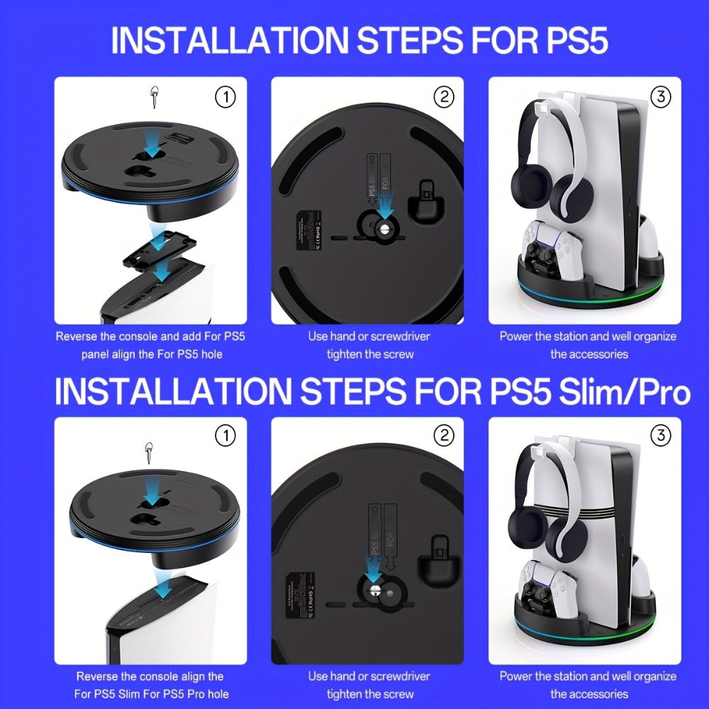 PS5 Charging Station with RGB Light Stand for PS5 Slim PS5 Pro - Fast Dual Controller Charger Compatible with All PlayStation 5 Console Models