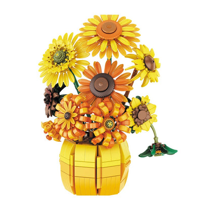 Sunflower Bouquet Building Blocks Set with 1009-Piece Checkout Label, Adjustable Petals and Yellow Vase Display