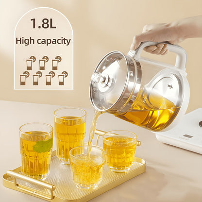 Multifunctional Electric Kettle 1.8L – Thick Glass Health Kettle with 18 Smart Functions, Boil Water, Make Coffee, Cook Porridge & Steam Eggs, Removable Filter, Tea Set Included, US Plug – White