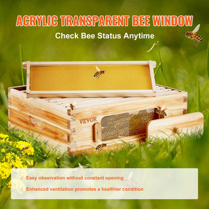 Beehive Kit 10 Frame Cedar Wood Bee Hive with Transparent Windows & Beeswax Coating, for Garden, Yard and Pest Management