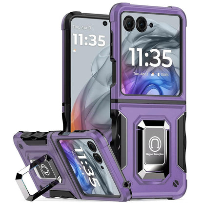 Motorola Razr 2024 Case Defender Metal Magnetic Ring Stand Hybrid Cover – Heavy Duty Shockproof TPU PC Armor with Kickstand & Magnetic Car Mount Compatibility