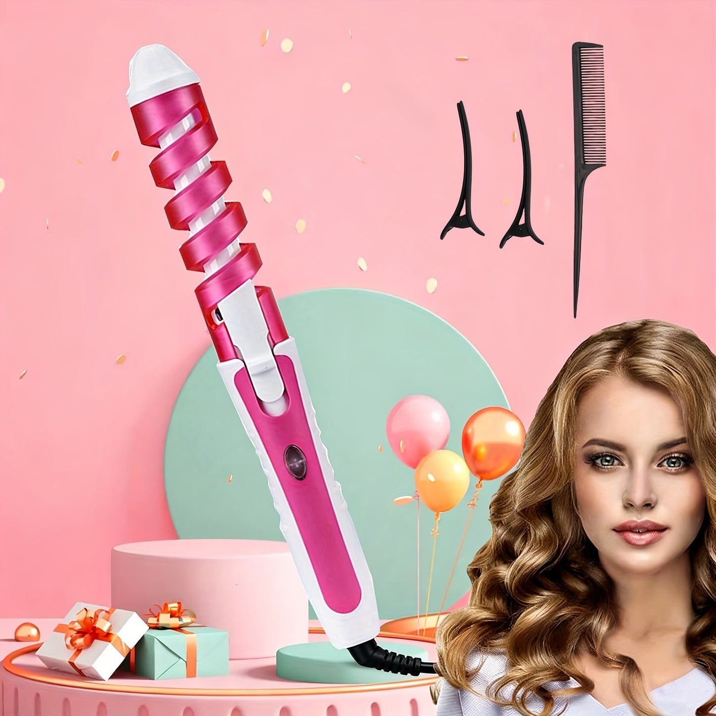 Spiral-Guide Corded Curling Wand with Swivel Power Cable, Two Hair Clips and Comb in Three Colors