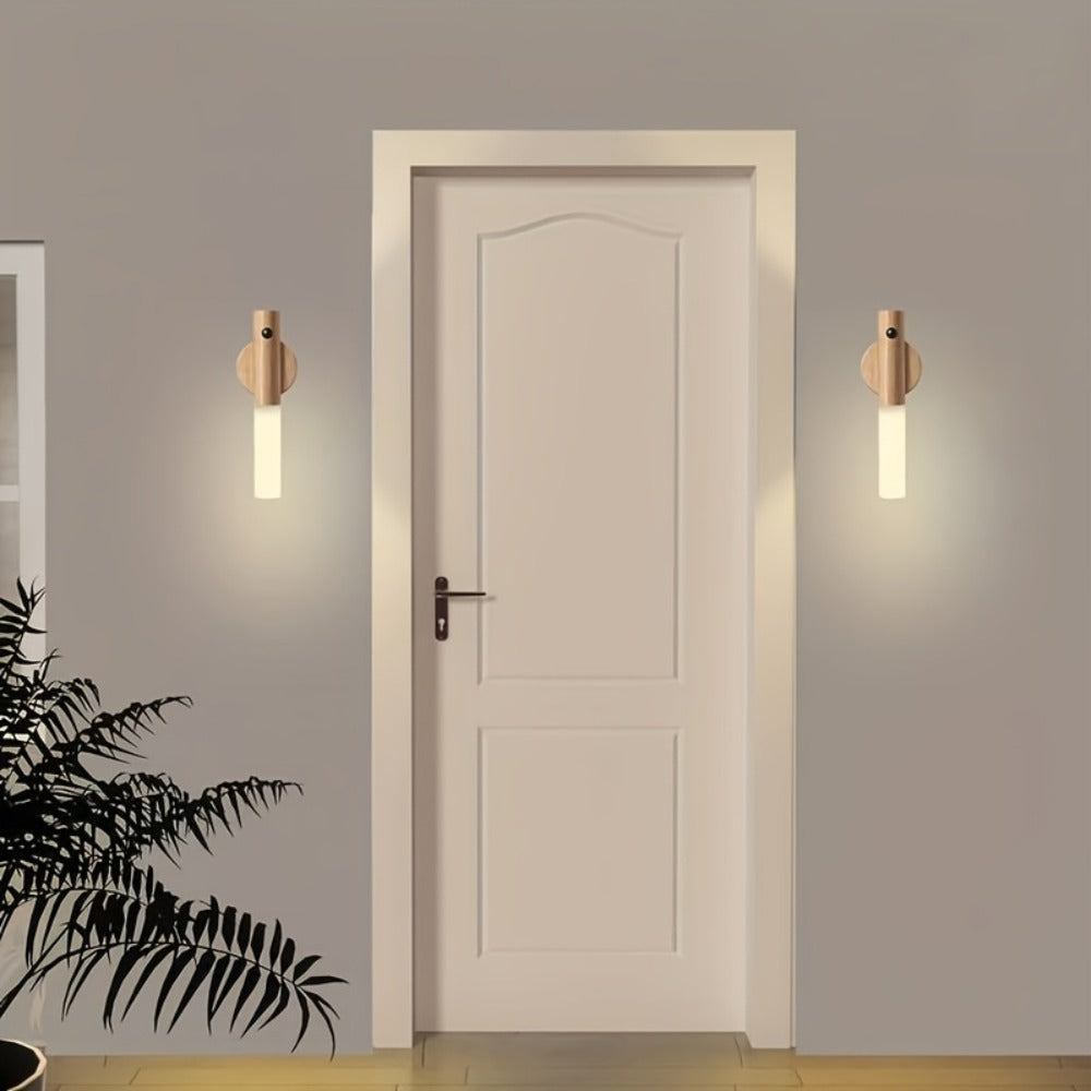 Motion Night Light Rechargeable LED – IPX4 Waterproof Wood Grain & Walnut Under Cabinet Step Lamp for Staircase, Hallway, Wardrobe, Closet & Indoor Walls (2 or 4 Pack)