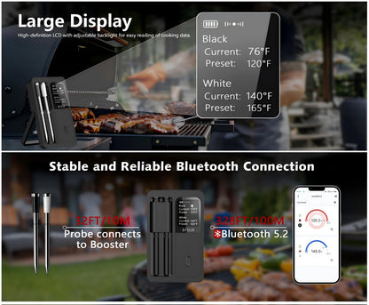 BFOUR BF-40 Wireless Cooking Thermometer with Dual Probes, App Display, Base Screen and USB Charging