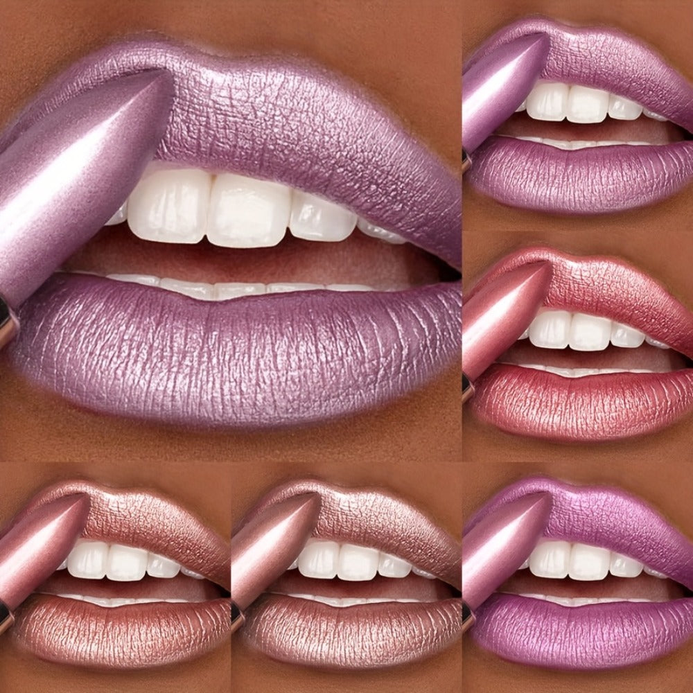 Shimmer Lipstick Set 6 Piece water-resistant extended-wear Glossy Lip Color Coral Pink Red Purple Shades Makeup Kit for Women Travel Party