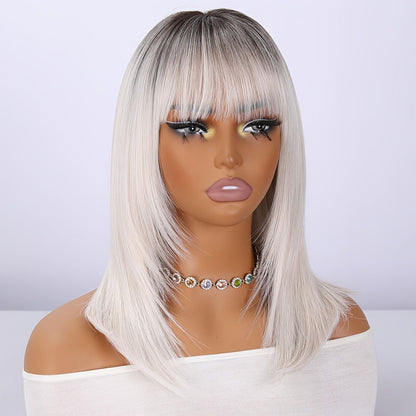 Synthetic Wig 16-Inch White Gradient Straight Style with Bangs and Glueless Rose Net Cap for Cosplay