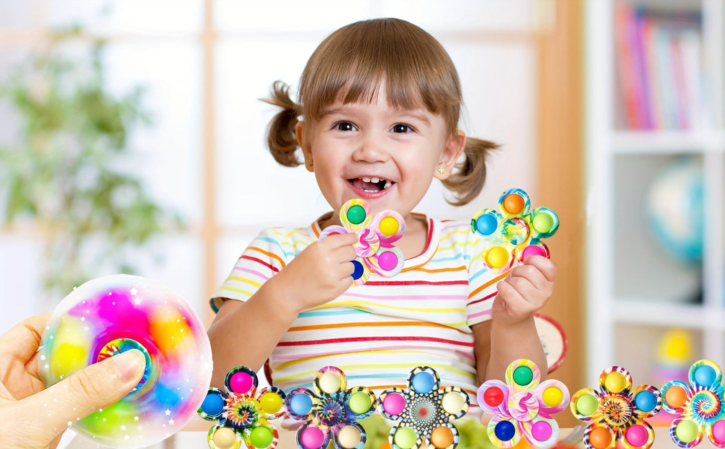 Thirty-Two-Piece Bubble Pop Fidget Spinner Assortment with Colorful Mixed Flower and Round Shapes