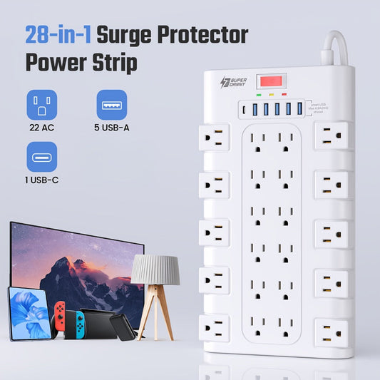 Surge Protector Extension Cord Flat Plug 2100 Joules with Control Switch Status Indicator Wall-Mountable Multi-Outlet Power Strip 28-in-1 22 AC or 8-in-1 4 AC with USB Ports Multiple Length Options for Home Office – Black