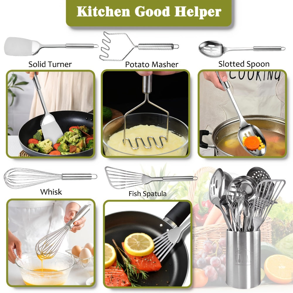 Stainless Steel Kitchen Utensils Set 12 Piece with Holder – Heat Resistant Cooking Utensils, Spatula, Ladle, Tongs, Whisk, Skimmer, Potato Masher, Slotted Spoon