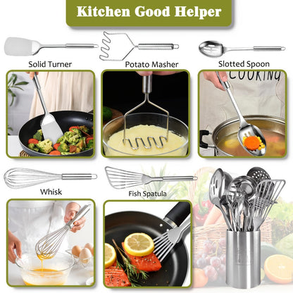 Stainless Steel Kitchen Utensils Set 12 Piece with Holder – Heat Resistant Cooking Utensils, Spatula, Ladle, Tongs, Whisk, Skimmer, Potato Masher, Slotted Spoon