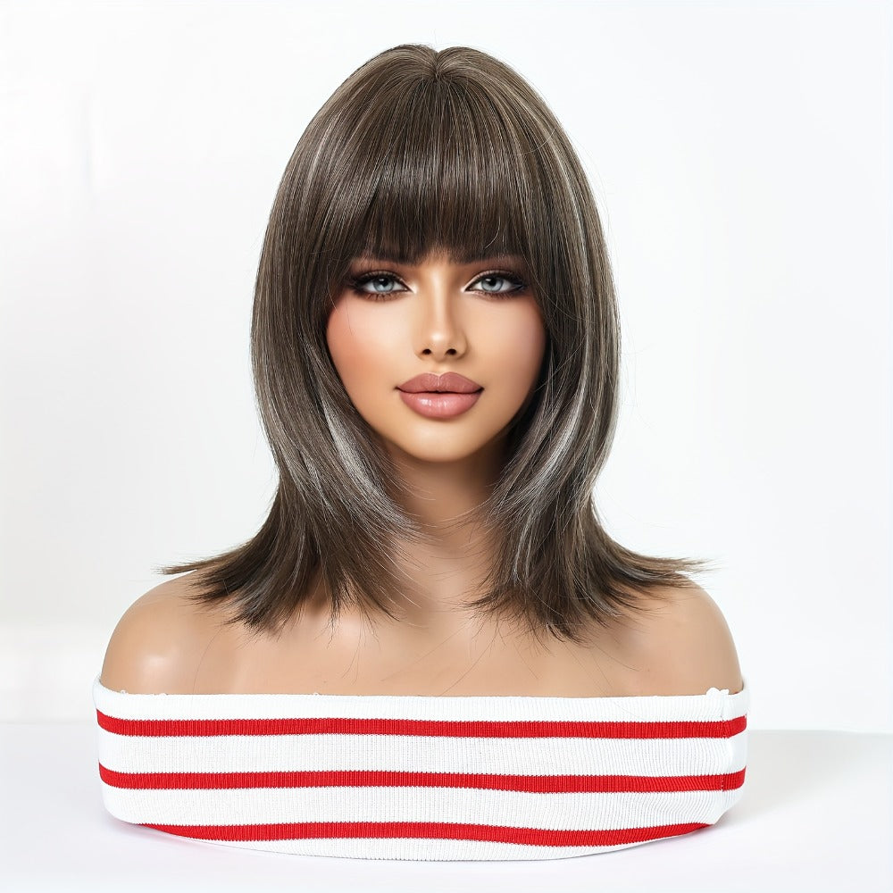 Synthetic Wig 14-Inch Layered Brown Highlight Ombre with Bangs and Heat-Resistant Rose Net Cap