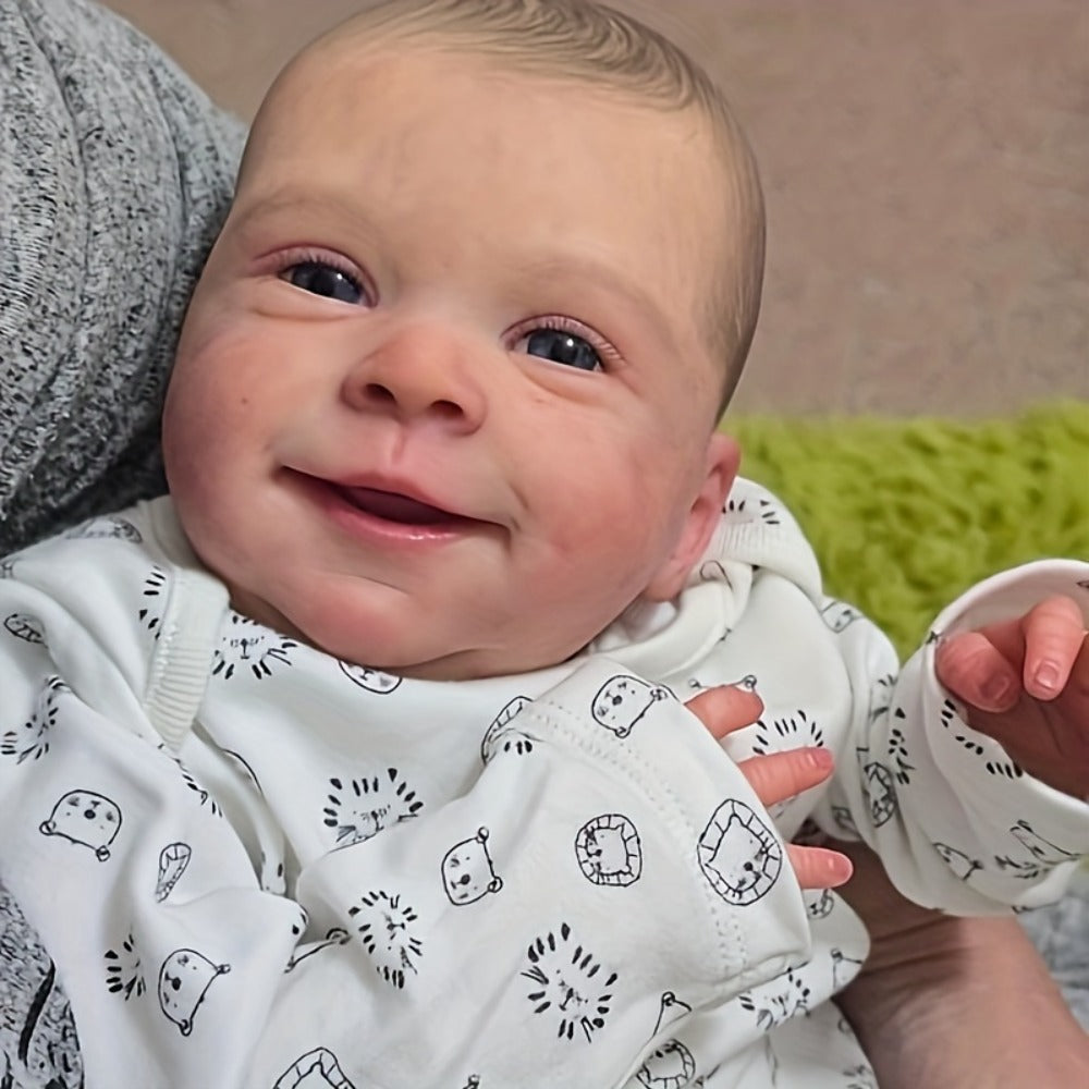 Reborn Doll, 19-Inch Cloth-Body Smiling Figure with Vinyl Head and Limbs, Printed Outfit and Bottle