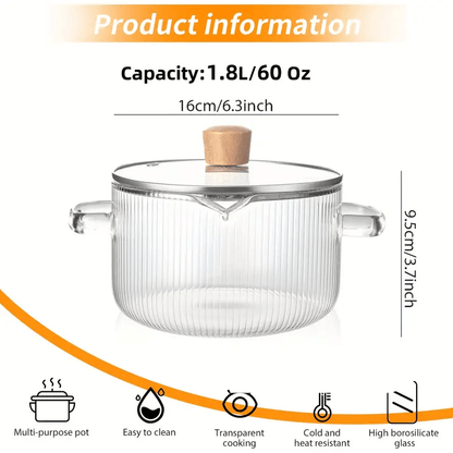 Ribbed Transparent Glass Cooking Pot with Lid in 60.87oz or 77.77oz Sizes, Clear Side Handles and Pouring Spout