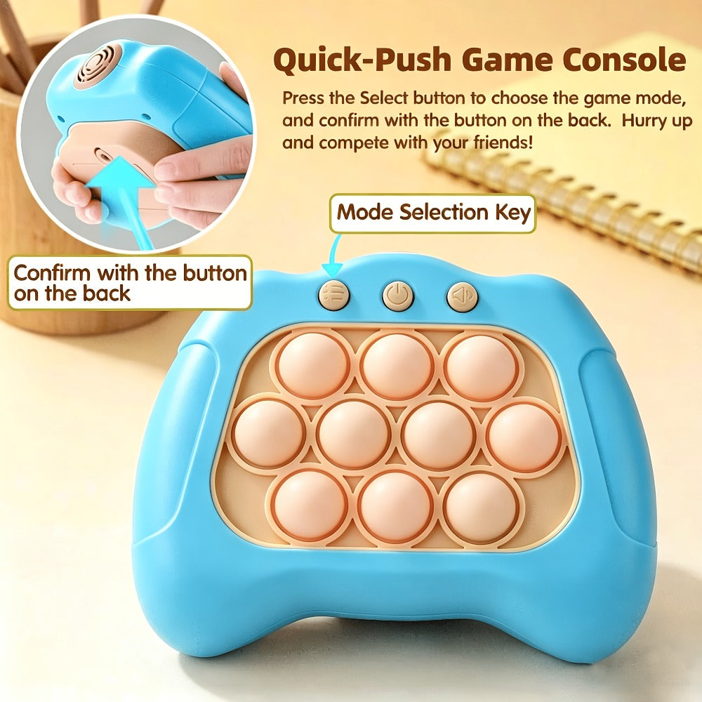 Blue Quick-Push Electronic Memory Game with Ten Pop Buttons, Four Pictured Modes and Back Controls