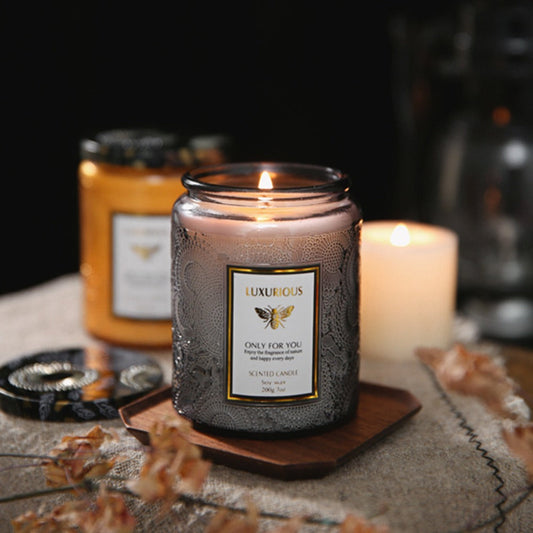 Scented Candle in Relief Glass Cup – Aromatherapy Home Fragrance with Crystal Embellishment, Single Wick, Multiple Scents – Jasmine, Tuberose, Amber, Sage & More