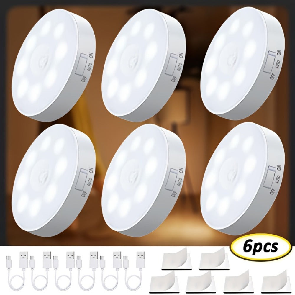 Night Light Motion and Light Sensor 6-Pack with USB Rechargeable Power in Warm White or White LED Options