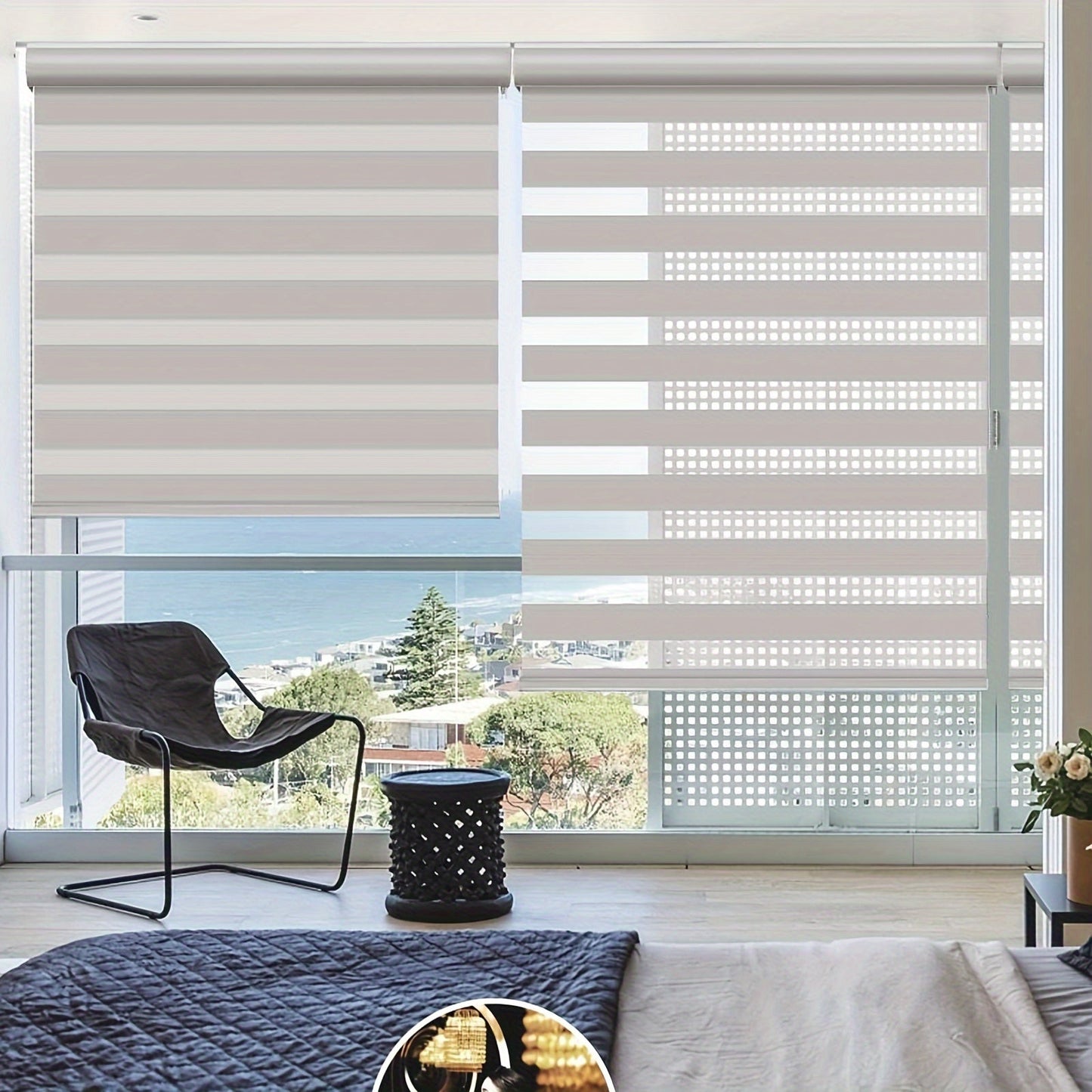 Cordless Zebra Roller Shade with Valance – Day Night Window Blind, Light Filtering Dual Layer Window Treatment Mesh Opaque Fabric