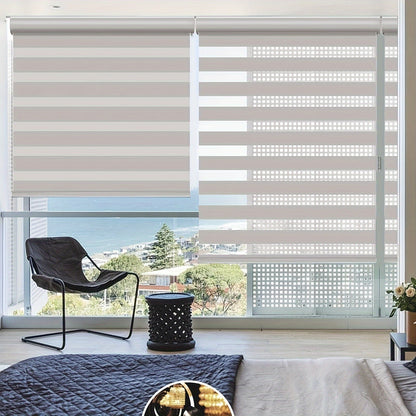 Cordless Zebra Roller Shade with Valance – Day Night Window Blind, Light Filtering Dual Layer Window Treatment Mesh Opaque Fabric