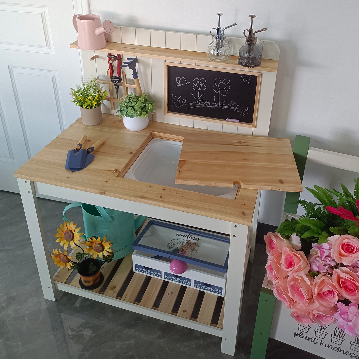 Potting Bench Table Cedar Wood Garden Workstation with Blackboard Removable Sink Hooks Double Shelf for Patio Balcony Courtyard Outdoor Planting Work Bench