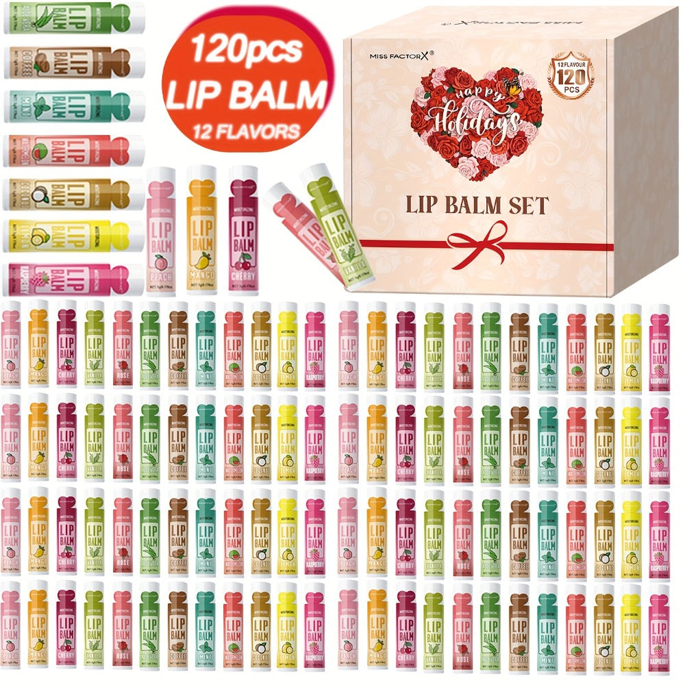 Lip Balm 120-Piece Bulk Set with 12 Flavors, Glossy Twist-Up Tubes and Divided Gift Box Packaging