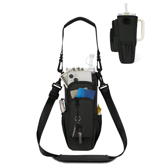 Insulated Water Bottle Carrier Bag for 30-40oz Bottles - Adjustable Shoulder Strap, Phone Pocket & Straw Cover - Neoprene Bottle Holder Pouch for Dog Walking, Hiking & Outdoor Activities