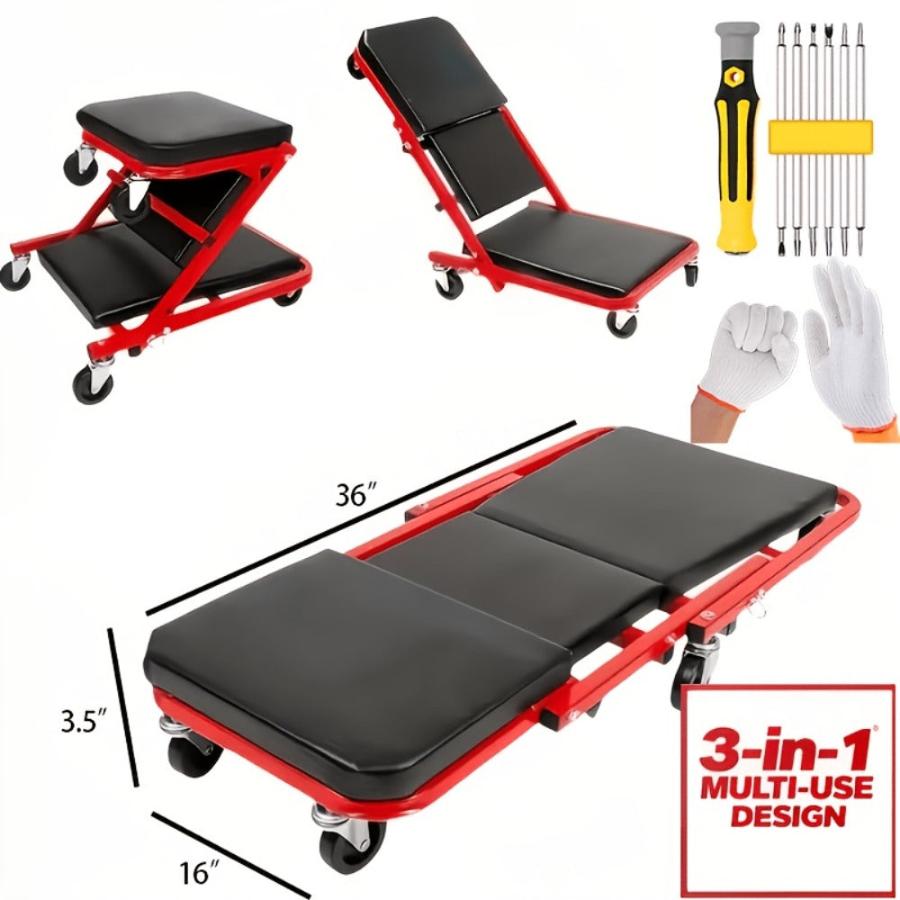 Mechanic Creeper 36-Inch Z-Crawl Folding – Adjustable Load Board, 6-Wheel 2.5" Rolling Garage Repair Seat, Universal Fit with Optional Tool Kit Bundles
