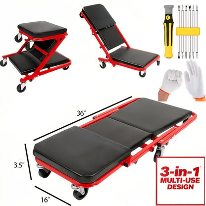 Mechanic Creeper 36-Inch Z-Crawl Folding – Adjustable Load Board, 6-Wheel 2.5" Rolling Garage Repair Seat, Universal Fit with Optional Tool Kit Bundles