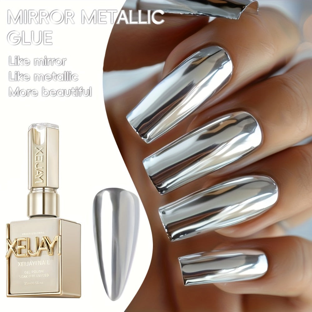 Mirror Metallic Silver Nail Art Gel in XEIJAYI Electroplating-Style Bottle with Cap-Mounted Detail Brush