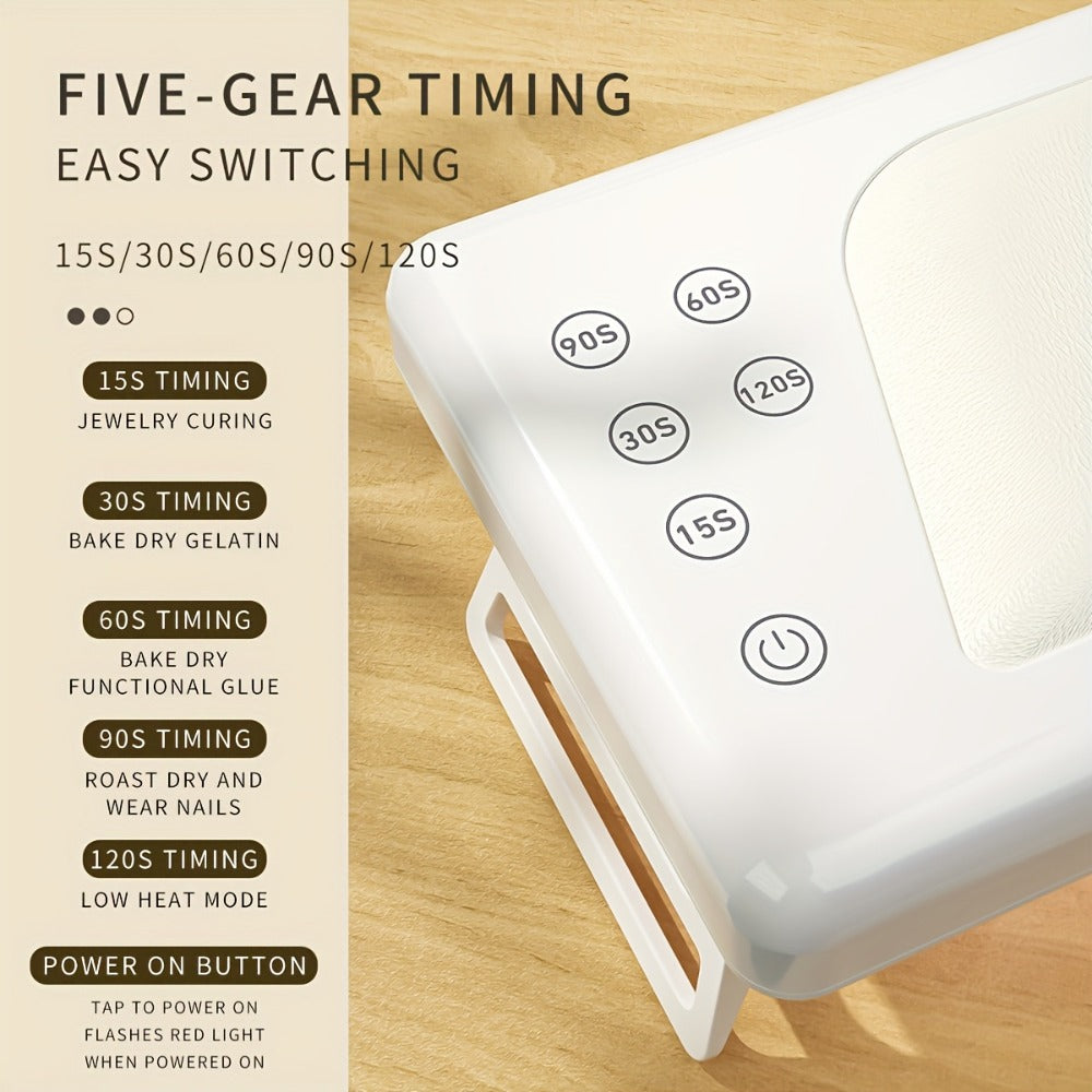 Wide Rectangular Hand-Pillow LED Nail Lamp with 28 x 13cm Base, Five Timer Settings and White Finish