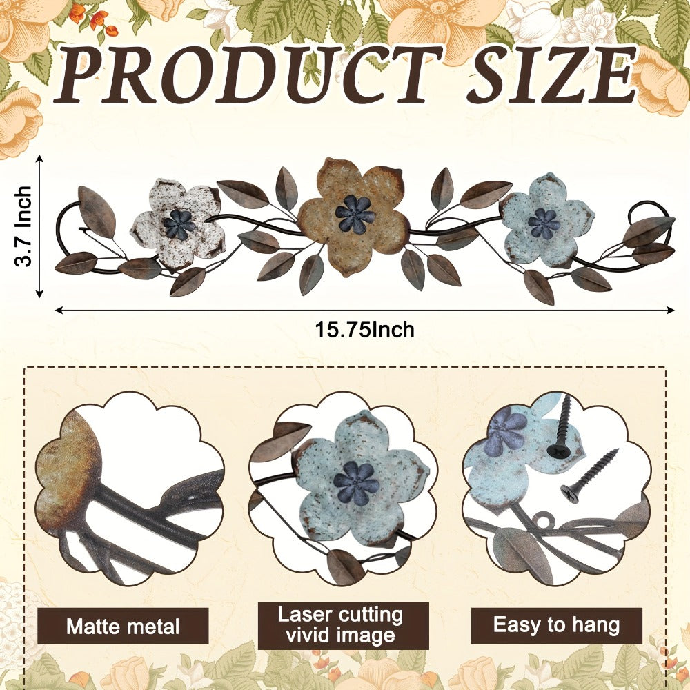 Metal Flower Wall Decor with 15.75-Inch Horizontal Teal, White and Metallic Floral Scroll Design