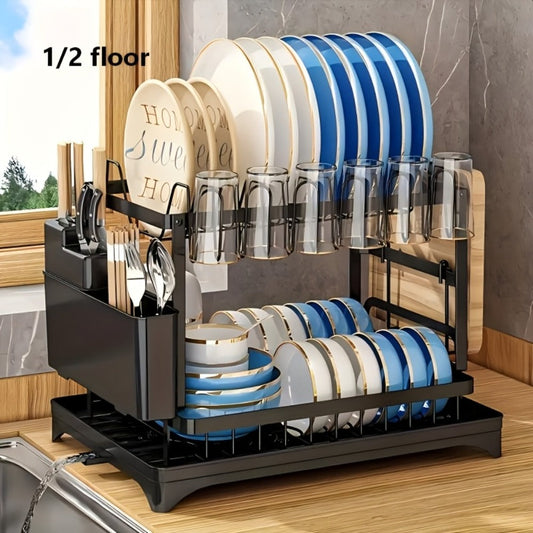 Dish Drying Rack 2 Tier with Drainboard for Kitchen Counter Metal Dish Drainer with Utensil Holder Cups Organizer Space Saving Kitchen Drying Rack Black White