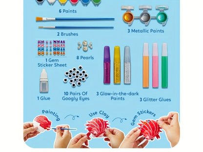 Seashell Painting Craft Kit with 12 Shell Forms, Glow-Labeled Paints, Brushes, Gems and Stickers
