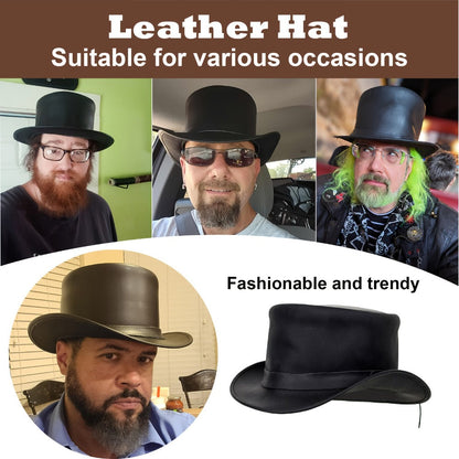 Genuine Leather Top Hat Steampunk Gentleman Shapeable Brim – Real Cowhide Low Crown Topper for Men & Women S-3XL, Halloween Costume Cosplay Motorcycle Riding Fashionable Dress Up Hat