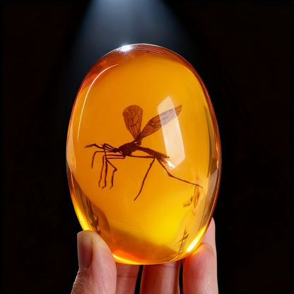 Amber-Tone Resin Mosquito-Inclusion Paperweight in One- or Two-Piece Options, 2.75-Inch Oval Desk Display