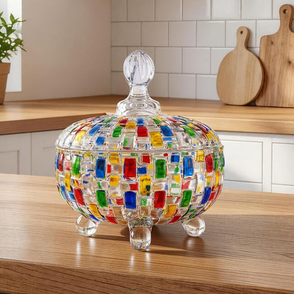Crystal Glass Candy Dish with Lid & Tongs – Hand-Painted Colorful Candy Box, Jewelry Storage Jar, Christmas Gift for Family & Friends | Elegant Candy Server