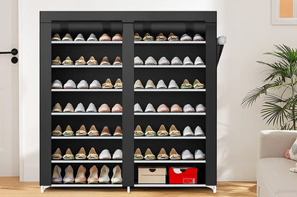 Shoe Rack 9-Tier Portable Double-Row Organizer for Up to 42 Pairs with Black Nonwoven Fabric Cover