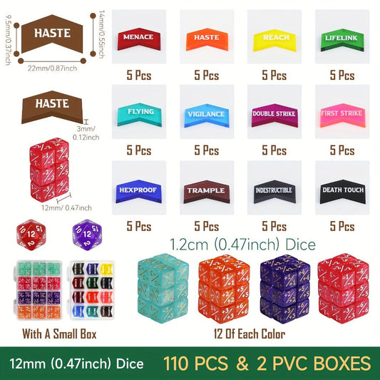 MTG Counter Dice Set 110pcs – 12mm 6-Sided +1/-1 Token Dice D20 & Keyword Counters Tokens for Magic the Gathering TCG Card Game Accessories Gift