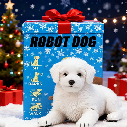 White Electronic Plush Robot Puppy Toy with Walking and Barking Box Icons in a White Gift-Box Option