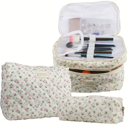 Makeup Bag – Set 3 PCS Quilted Cotton Dual Layer Large Capacity Floral Coquette Aesthetic Travel Cosmetic Bag Women Toiletry Organizer…