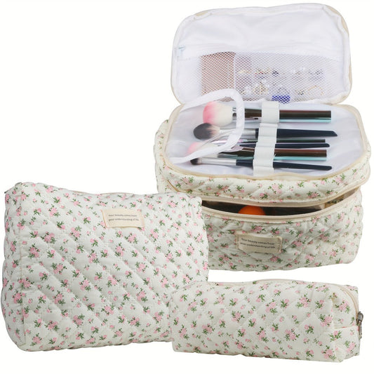 Makeup Bag – Set 3 PCS Quilted Cotton Dual Layer Large Capacity Floral Coquette Aesthetic Travel Cosmetic Bag Women Toiletry Organizer…