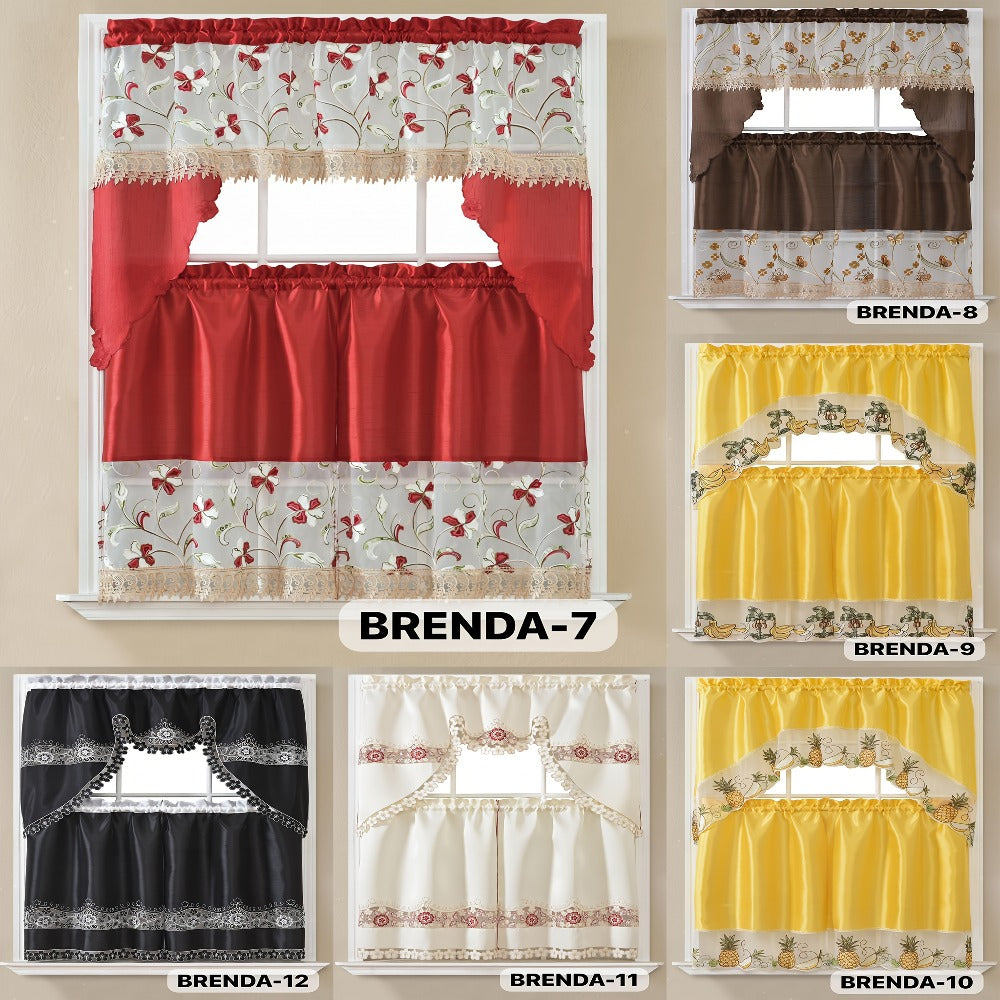 Three-Piece Patterned Kitchen Curtain Set with One Valance, Two Tiers and Forty-Six Exact Design Options