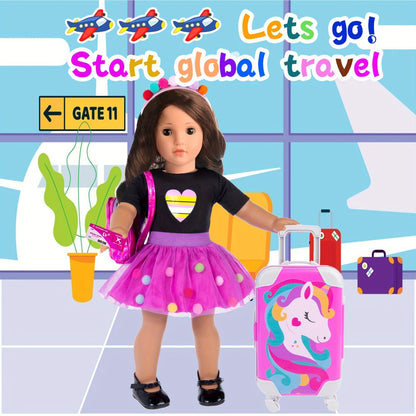 25-Piece Doll Travel Accessories Set for 18-Inch Dolls with Unicorn Suitcase, Backpack, Outfit and Roller Skates