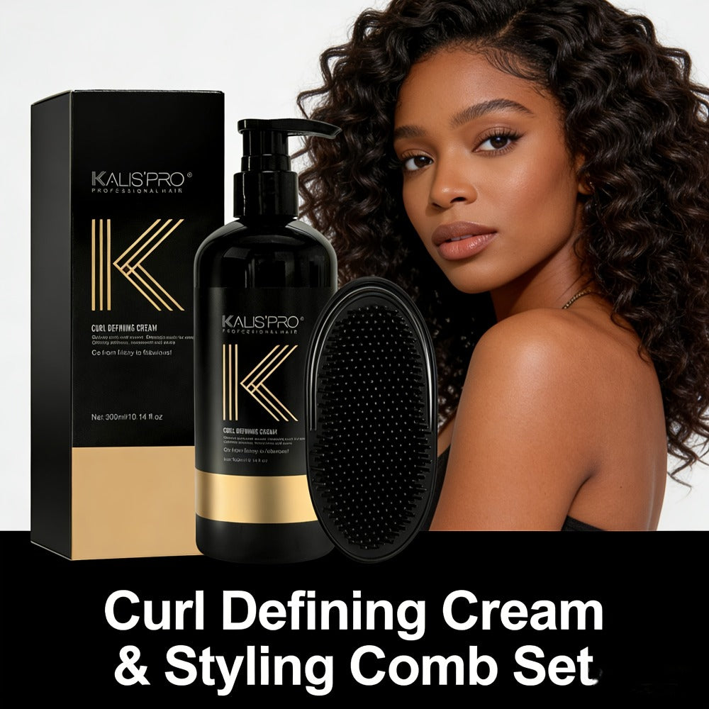 Curl Defining Cream with Detangling Brush Set 10.14 oz — Anti-Frizz Curl Enhancer, Long-Lasting Bouncy Curls, Non-Sticky Lightweight Hold, Salon Quality for Curly Wavy & Coily Hair, Women & Men