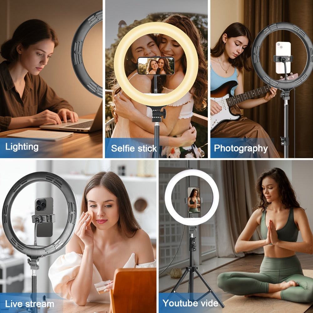 LED Ring Light 10/12 Inch with Tripod Stand & Phone Holder – 3 Color Modes, 12 Brightness Levels, USB Powered Selfie Light for Makeup, Photography, Video & Streaming
