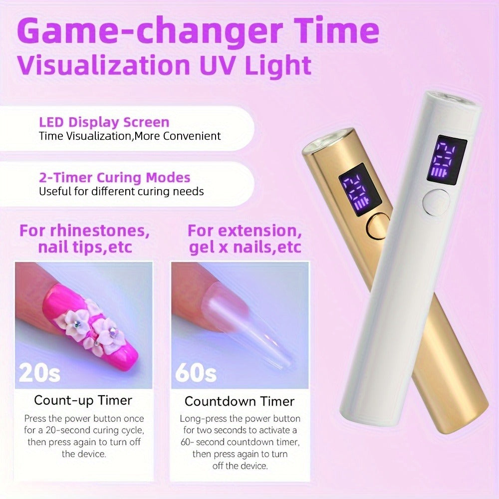 Pen-Shaped Cordless UV LED Nail Lamp with 365 and 405 nm Light, Two Timers and Three Colors
