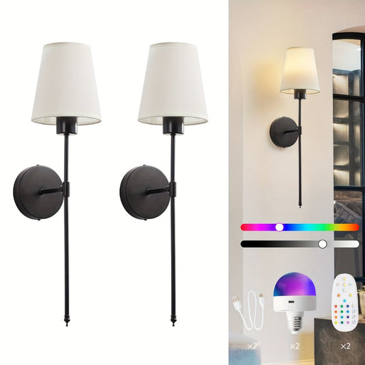 Rechargeable Wall Sconce 2-Pack RGB – 15-Color Dimmable LED Wall Light with Remote Control, 5200mAh Battery, No Wiring for Bedroom, Living Room, Kitchen & Corridor (Gold / Black)