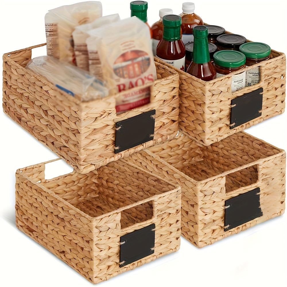 Pantry Baskets with Chalkboard Labels - Natural Water Hyacinth Woven Storage Bins 9"x12"x5", Kitchen Shelf Organizers, Available in 1, 2 & 4 Pack